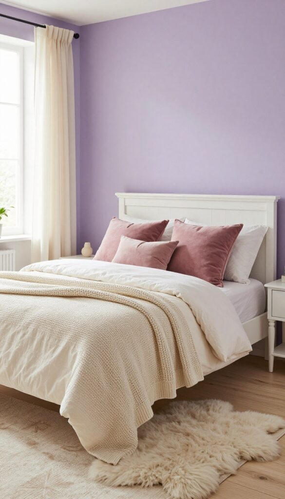 Cozy bedroom with warm lavender walls, creamy white bedding, chunky knit throw, velvet pillows, sheepskin rug, and whitewashed furniture in natural light.