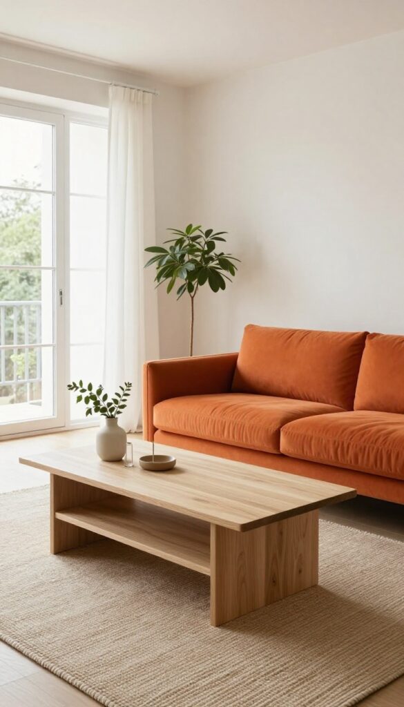 Living room with orange sofa and light wood coffee table