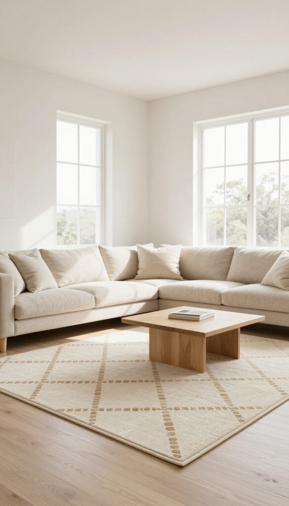 Light and airy living room with a cream and sand diamond-patterned rug, beige sofa, and pale wood floor