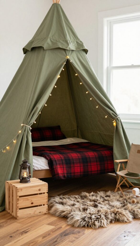 Cozy woodland camper themed kids bedroom with tent canopy, plaid bedding, faux fur rug, fairy lights, and camp chair