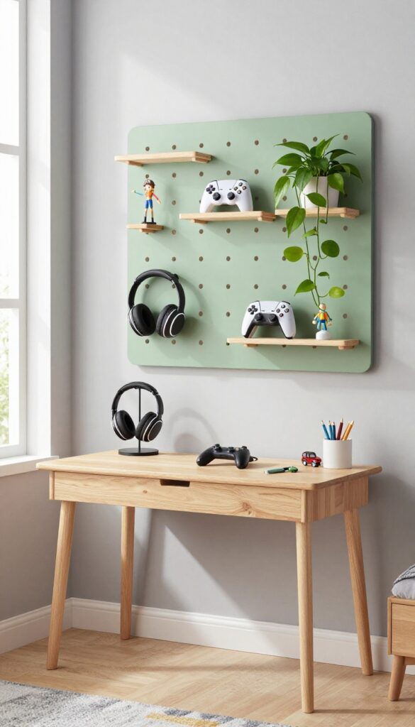 Kids bedroom with sage green pegboard above desk holding headphones, controller, plant, and collectibles