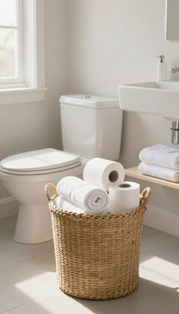 Woven basket with rolled towels and toilet paper beside toilet in bright guest bathroom