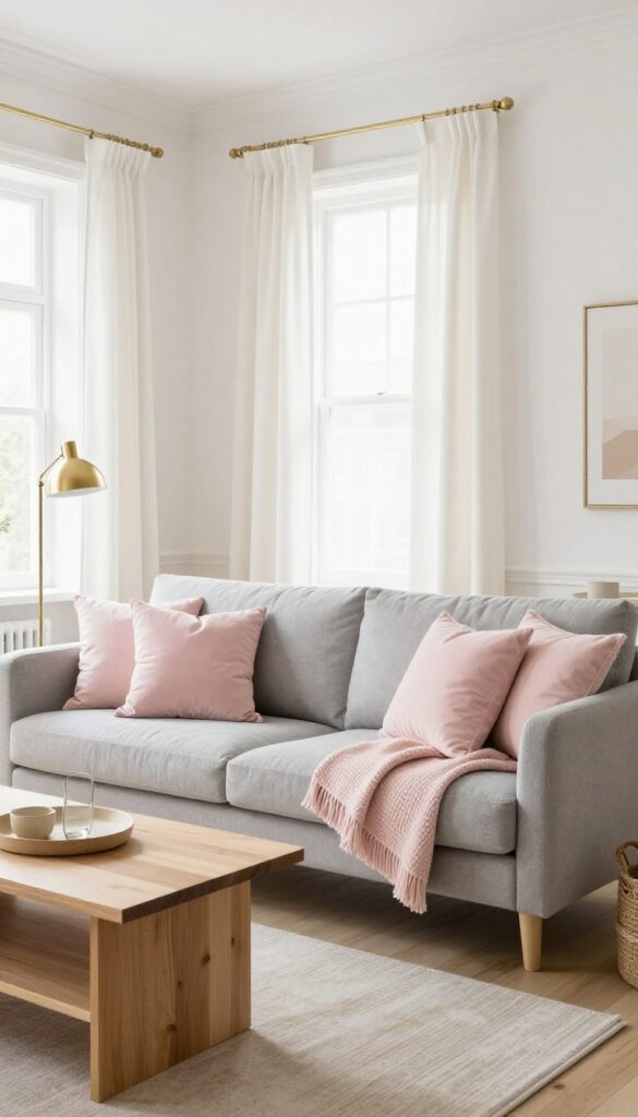 Boho living room with blush pink accents and warm gray furniture, small space friendly