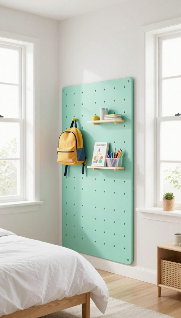 Children's bedroom with a mint green pegboard wall featuring hooks, shelves, and bins for organized storage.