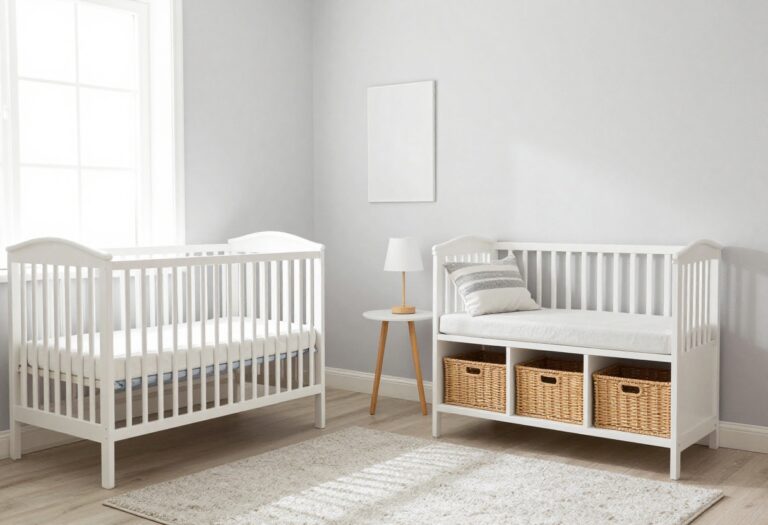 Cozy baby boy nursery with crib, armchair, and open shelving