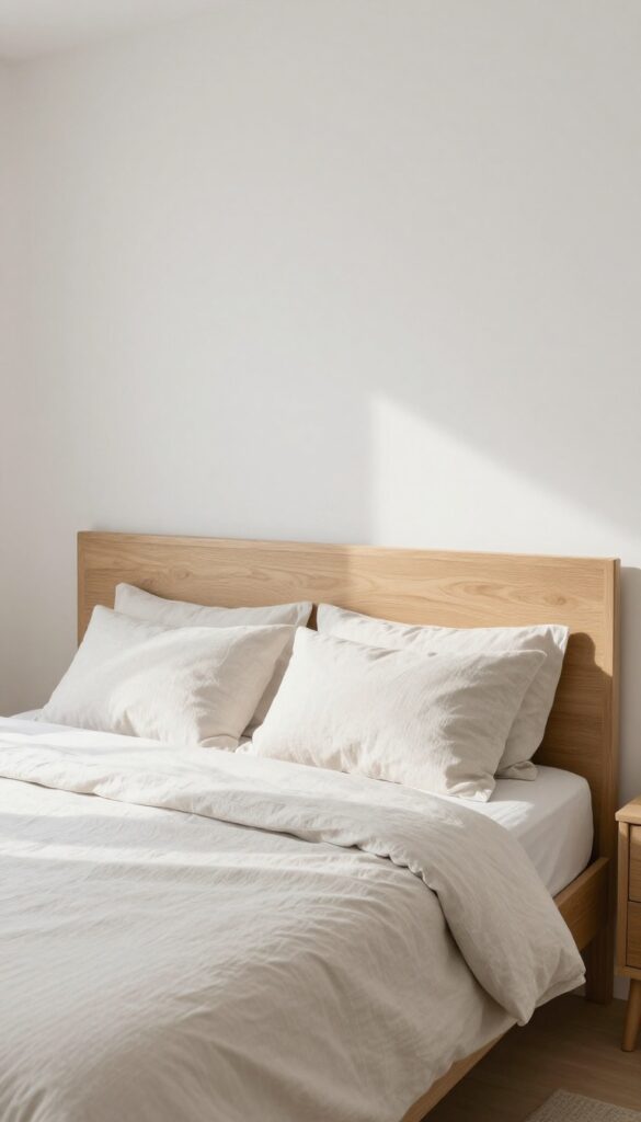 Small bedroom with a slim low-profile wooden headboard, neutral linen bedding, and natural light