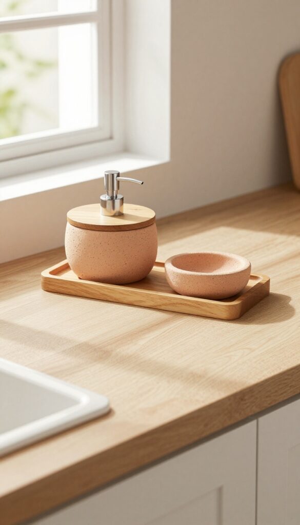 Terracotta soap dispenser with wooden lid on a kitchen countertop near a window, with natural light and wooden tray.