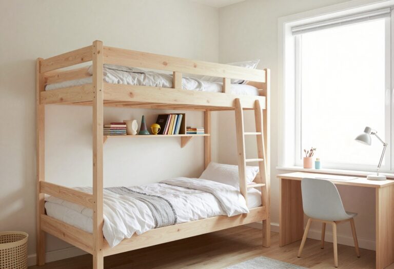 Cozy small kids' bedroom with loft bed, shelves, and desk, decorated in soft pastels and natural light.