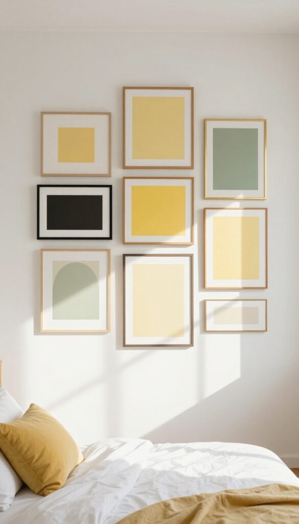 A bedroom with a yellow-themed gallery wall on a white wall, featuring a mix of framed art and prints in soft yellow, cream, and muted green tones, with warm wood, matte black, and thin gold frames, natural light, and a bed with white linens and a yellow throw pillow.