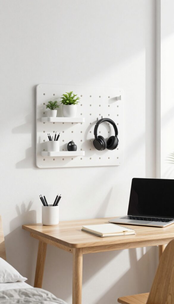 Wall-mounted pegboard organizer in a small bedroom office