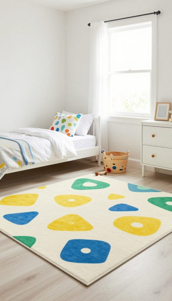 Bright kids bedroom with colorful geometric rug defining play area, featuring toys and natural light.