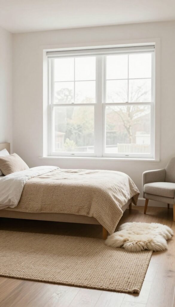 Small square bedroom with layered rugs defining zones, jute rug under bed and sheepskin rug near seating area, bright natural light.