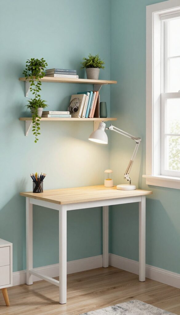Teen bedroom with corner desk in awkward nook, floating shelf, task lamp, and pegboard, bright natural light.