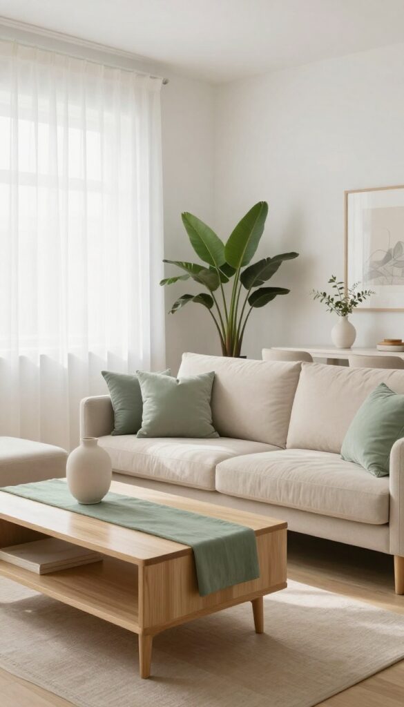 Light and airy open-plan living and dining room with unified soft white, warm beige, and muted sage color palette.