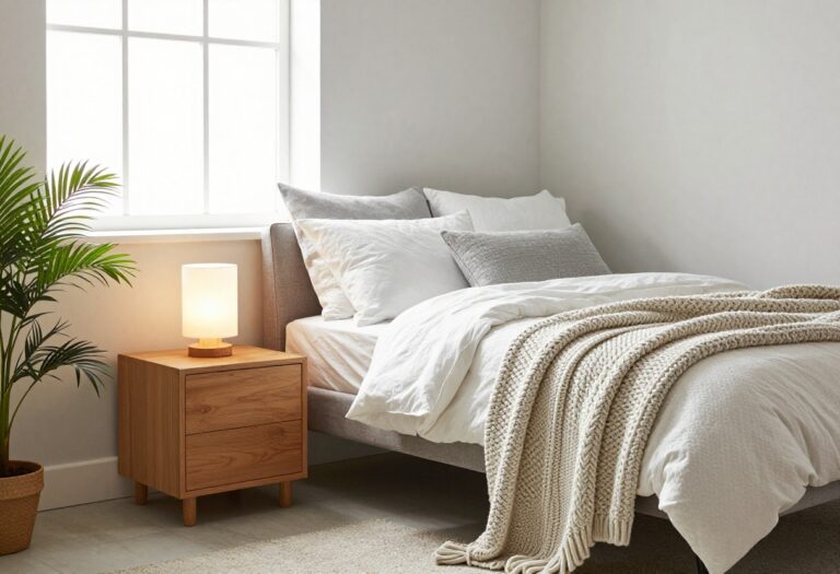 Cozy grey and white bedroom with warm wood accents and soft lighting