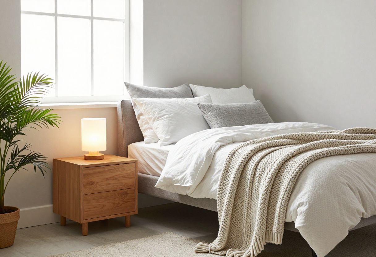 Cozy grey and white bedroom with warm wood accents and soft lighting