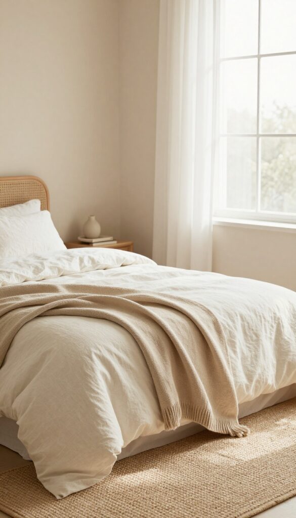 Cozy small bedroom with warm neutral base, beige walls, linen duvet, jute rug, rattan headboard, soft natural light