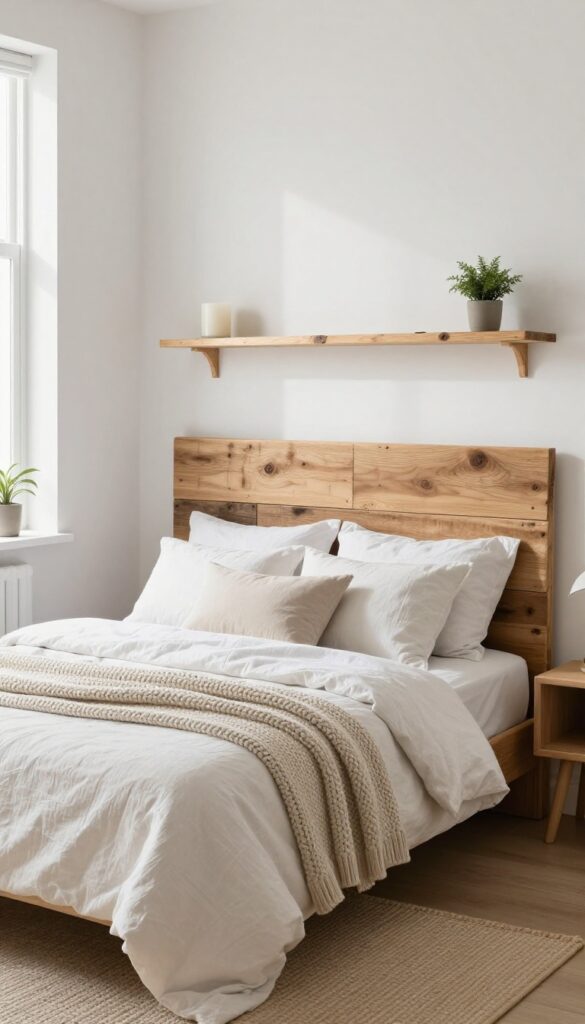 Cozy guest bedroom with a DIY reclaimed wood headboard, white linen bedding, and a small shelf with a candle and plant