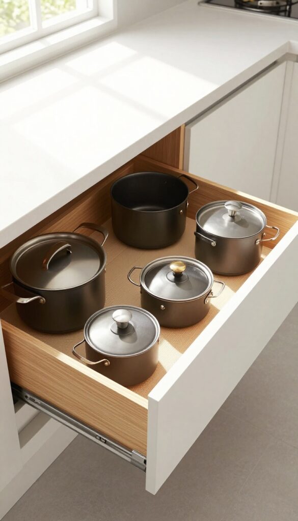 Deep drawer with organized pots and pans using wooden dividers in a bright kitchen