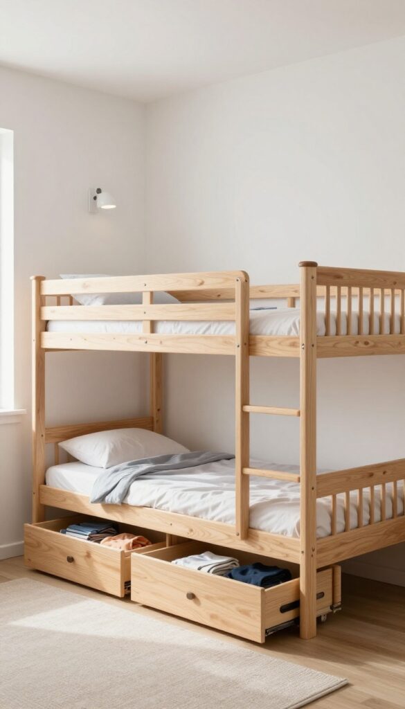 Bunk beds with integrated drawers in a bright children's bedroom