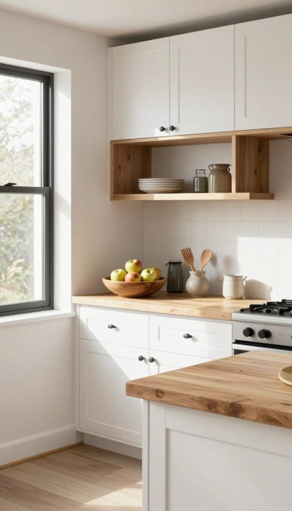 Bright modern farmhouse kitchen with light butcher block countertops, white cabinets, open shelving, and simple fruit bowl and ceramic pitcher on counter.