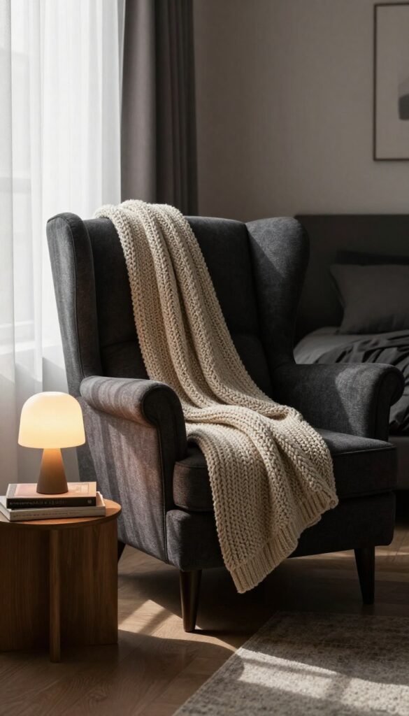 Cozy reading nook with dark accent chair in romantic bedroom