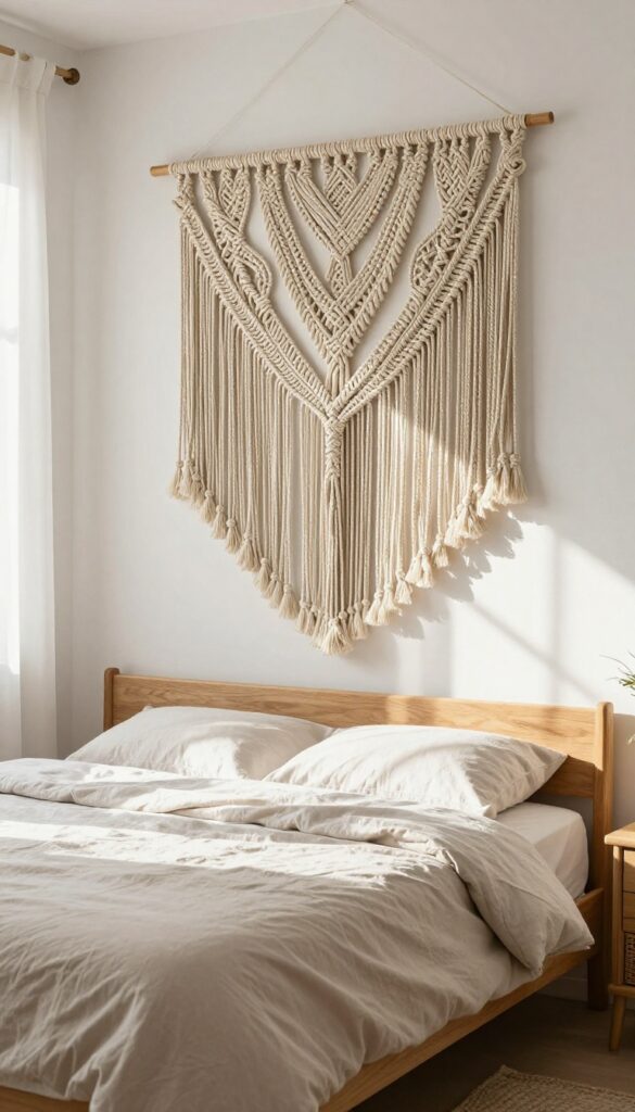 Boho bedroom with macrame wall hanging above bed, neutral tones, wooden accents, natural light.