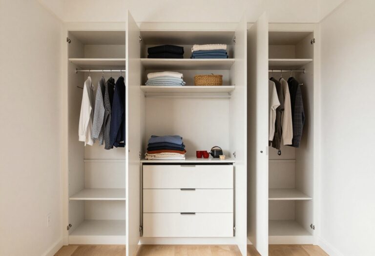Small bedroom closet with built-in shelving and hidden storage