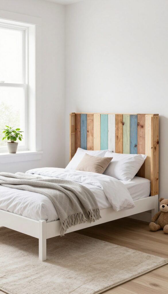A child's bedroom with a DIY pallet headboard in pastel colors, bright natural light, and simple decor.