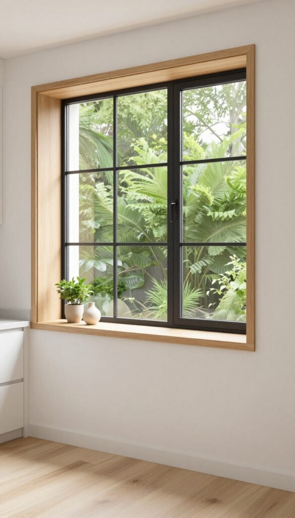 Black window frames with natural wood sill in a bright kitchen, featuring a small plant and ceramic vase on the sill.