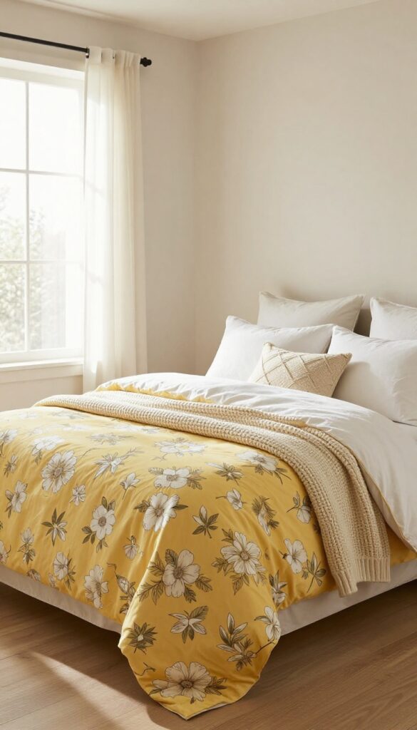 Bright bedroom with yellow floral bedding, cream throw, and white pillows in natural light
