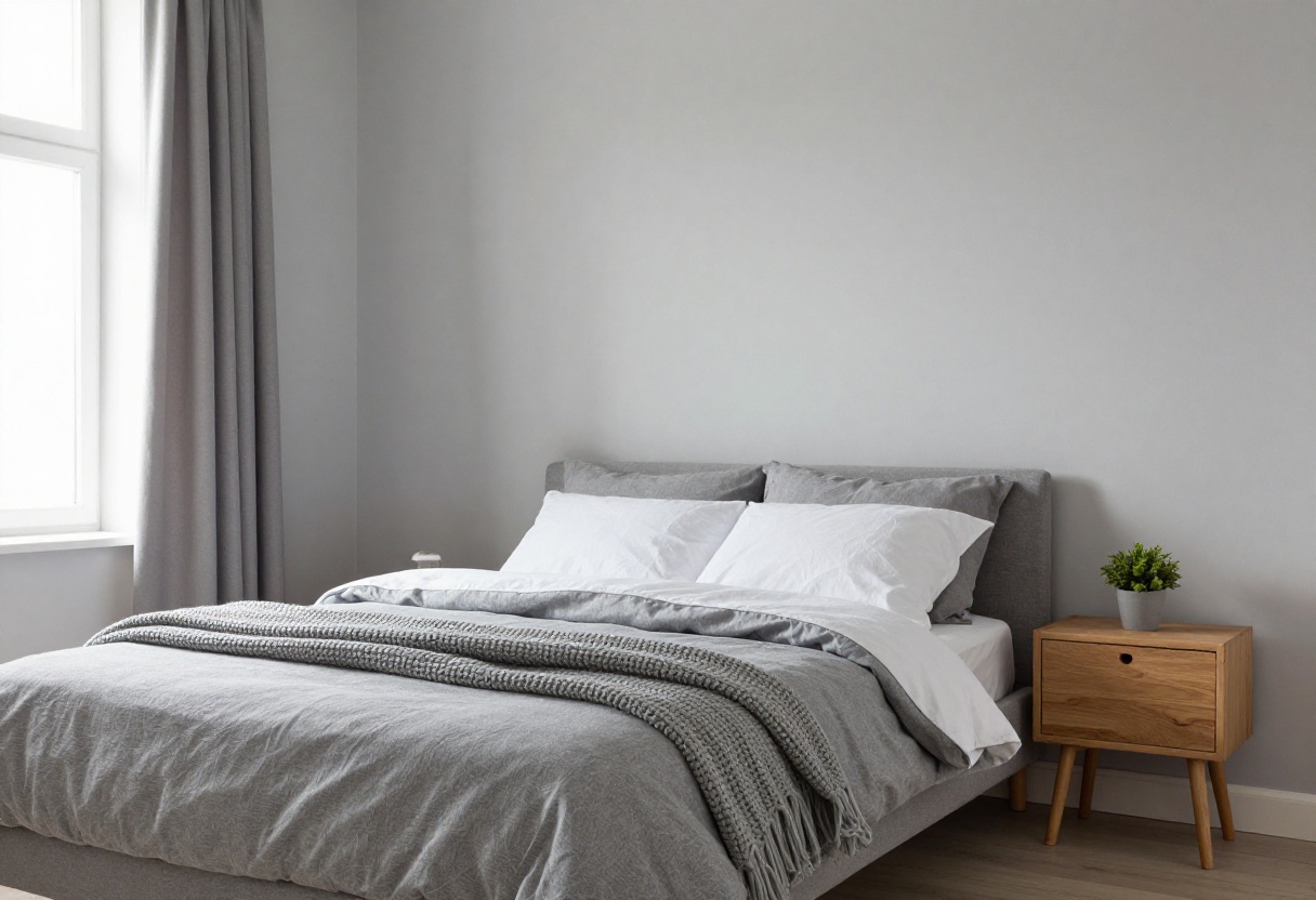 Modern grey bedroom with warm grey accent wall, layered bedding, and natural light