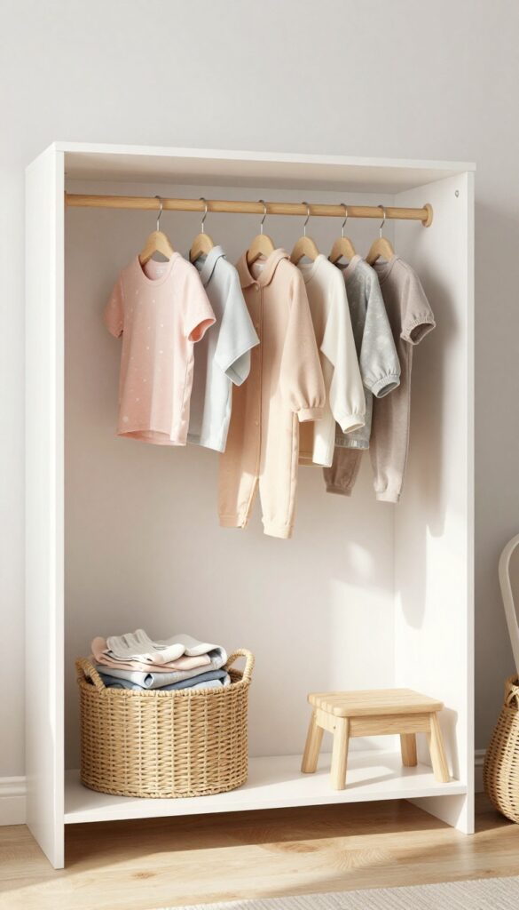 Open wardrobe with matching hangers in a modern kids bedroom