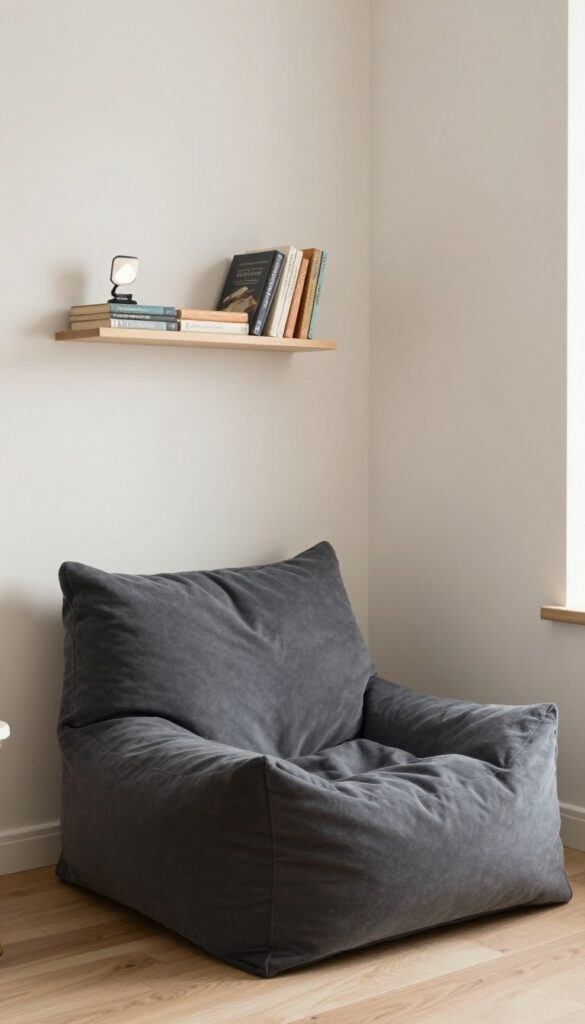 Cozy reading nook with floor cushions in a preteen boy's bedroom