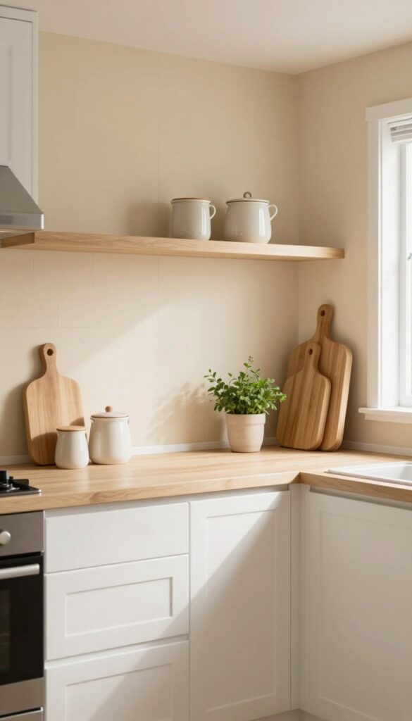 Cozy mobile home kitchen with warm beige geometric backsplash, white cabinets, open shelving, and natural light.