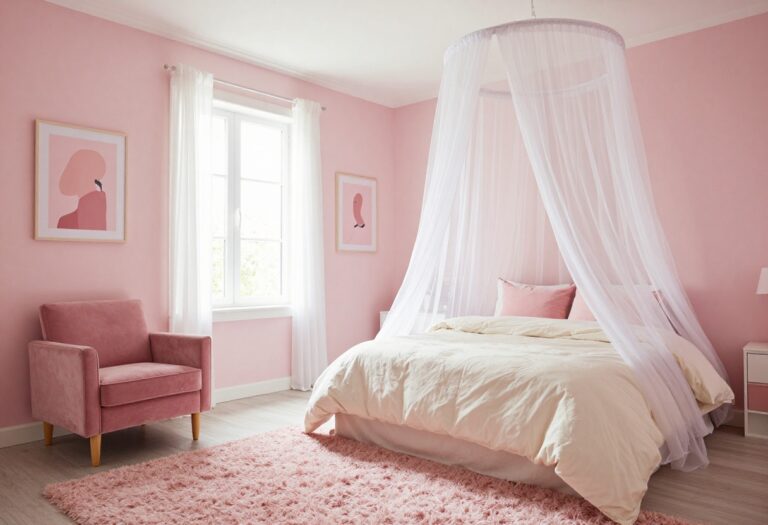 Light and airy pink girls bedroom with blush walls, white trim, and layered bedding, featuring a sheer canopy and cozy reading nook.