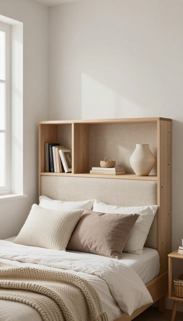 Small bedroom with a storage headboard featuring built-in shelves, neatly organized with books and a lamp, soft beige linen upholstery, cozy bedding, natural light.