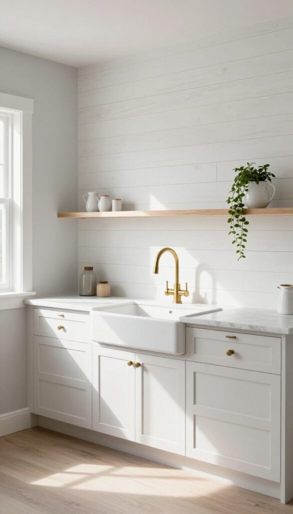 Modern farmhouse kitchen with white shiplap accent wall behind sink, white cabinets, marble counter, brass faucet, and open shelf with plant.