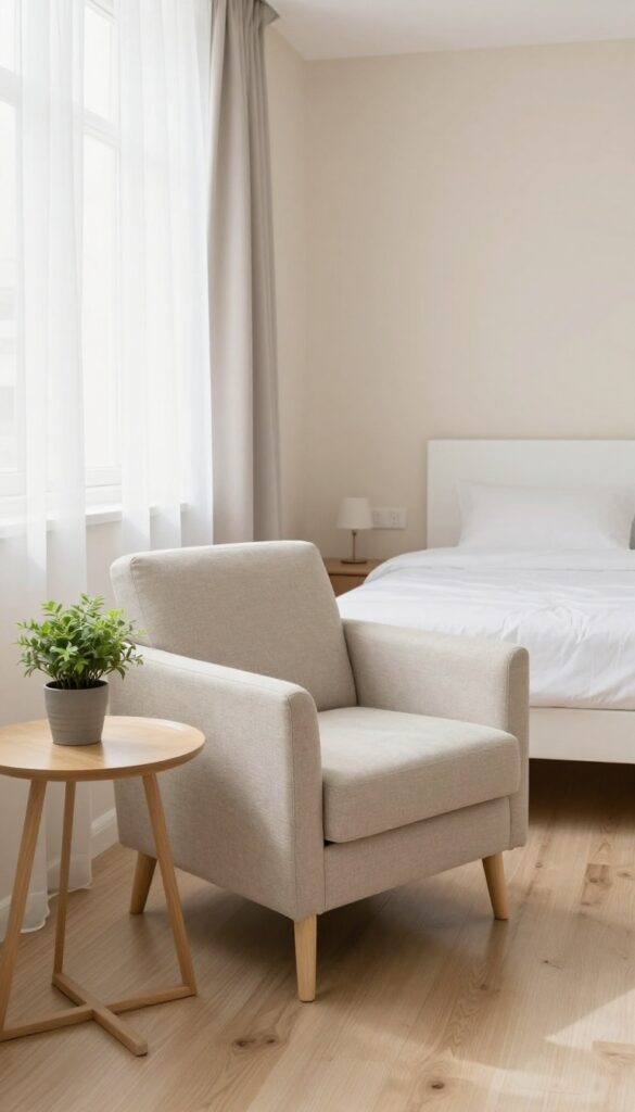Small guest bedroom with a cozy armchair and side table in a corner by a window, creating a reading nook.