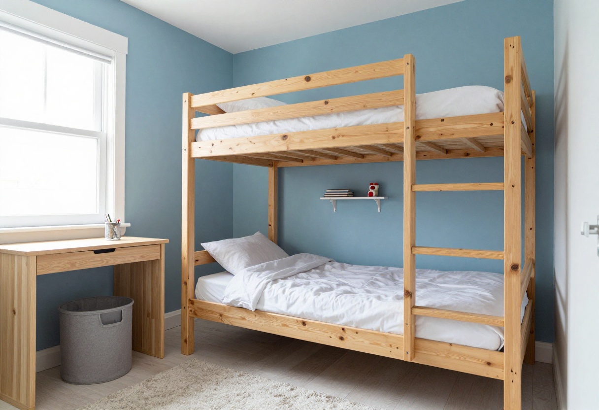 Shared boys bedroom with bunk bed and built-in storage, bright and organized