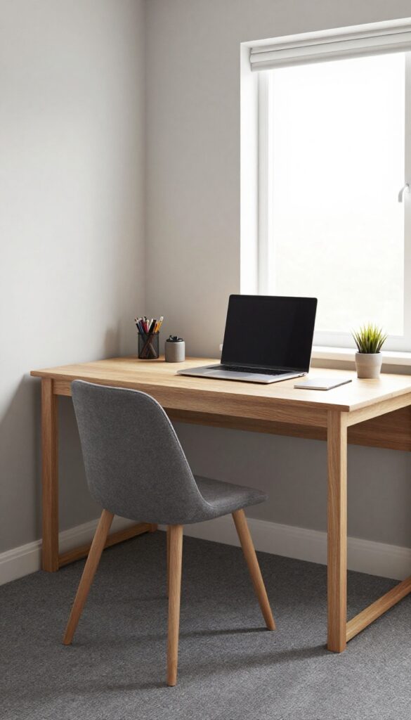 Teen boy's bedroom desk area with a charcoal rug under the desk and chair, defining the workspace in a small room.