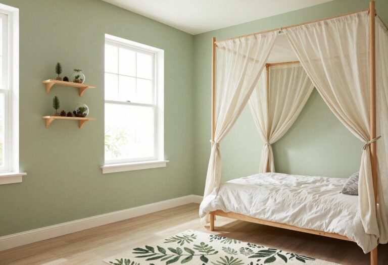 Cozy kids forest bedroom with sage green wall, linen canopy bed, leafy rug, and floating shelves with terrariums.