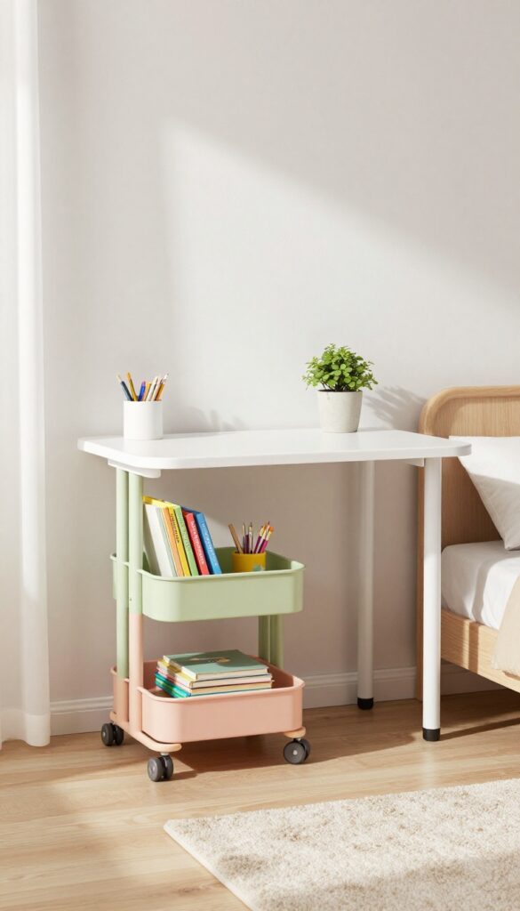 Slim white desk with a colorful rolling cart underneath, filled with school supplies, in a bright children's bedroom