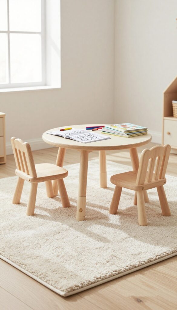 Cozy toddler girl bedroom corner with plush rug and small table and chairs for play and activities