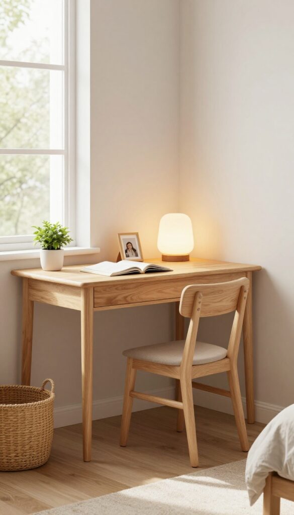 A boy's bedroom with a wooden desk and chair near a window, featuring a lamp, plant, and framed photo, with a woven basket underneath.