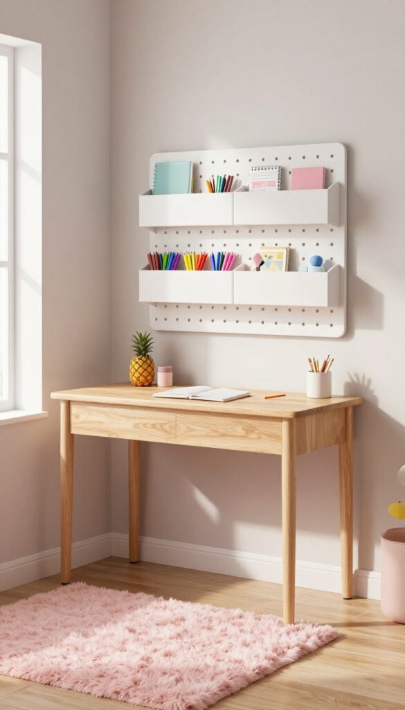 Wall-mounted desk with pegboard organizer and soft rug in a teen girl's bedroom