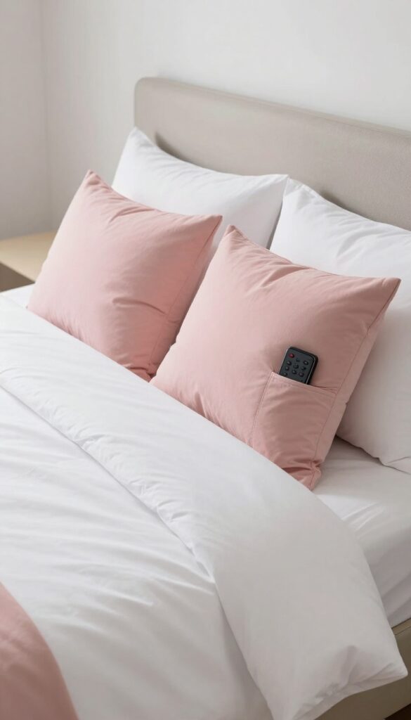 Pink throw pillows with hidden pockets on a bed, holding a phone and remote, in a bright bedroom