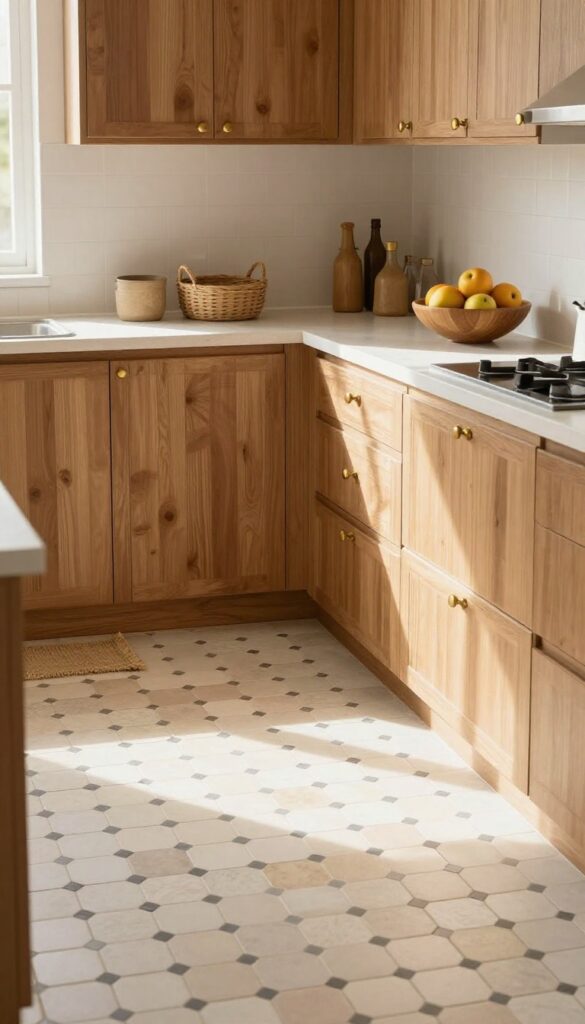 Creamy zellige tile floor in a sunlit kitchen with natural wood and brass accents