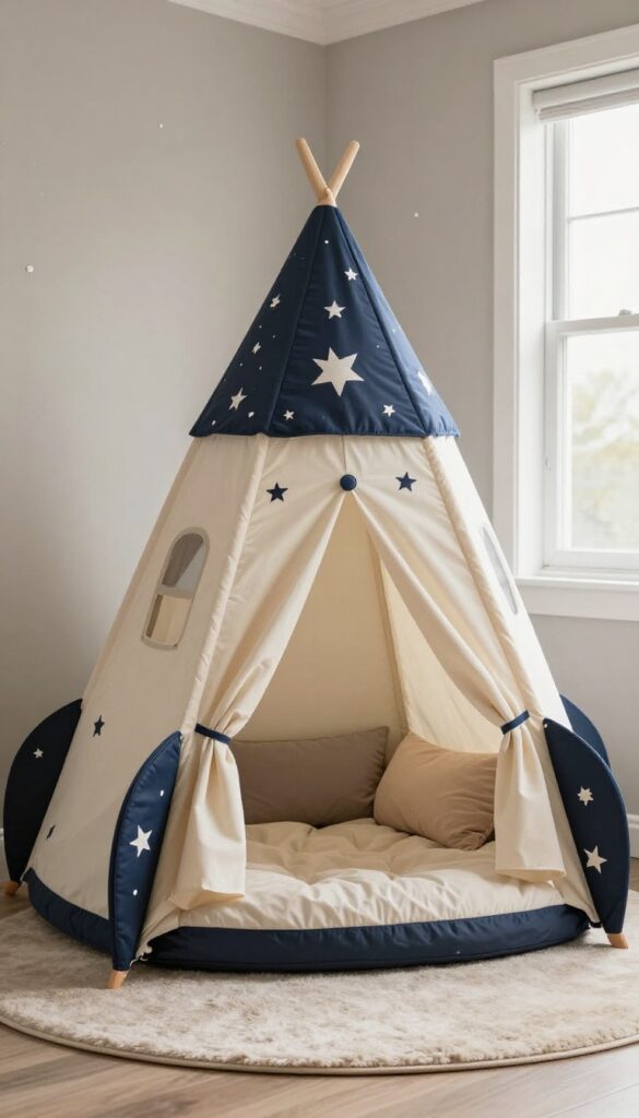 Rocket ship reading nook with star-printed fabric tent, soft rug, and floor cushion in a boy's bedroom with natural light.