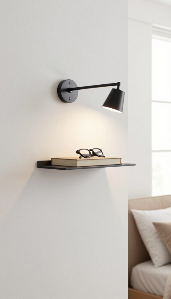 Wall-mounted swing arm sconce with built-in shelf holding a book and glasses in a bright bedroom